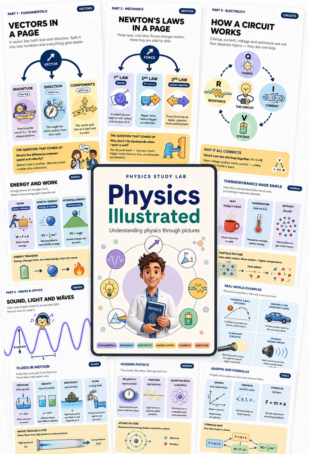 The Physics Study Lab cover surrounded by real sample pages from every part of the book