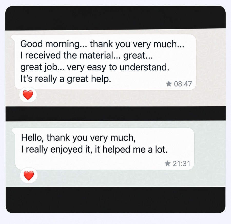 Screenshot of real WhatsApp messages from students thanking for the material and saying it is easy to understand