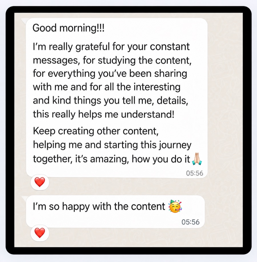 Screenshot of a real WhatsApp message from a student saying the content helps them understand and that they are happy with it