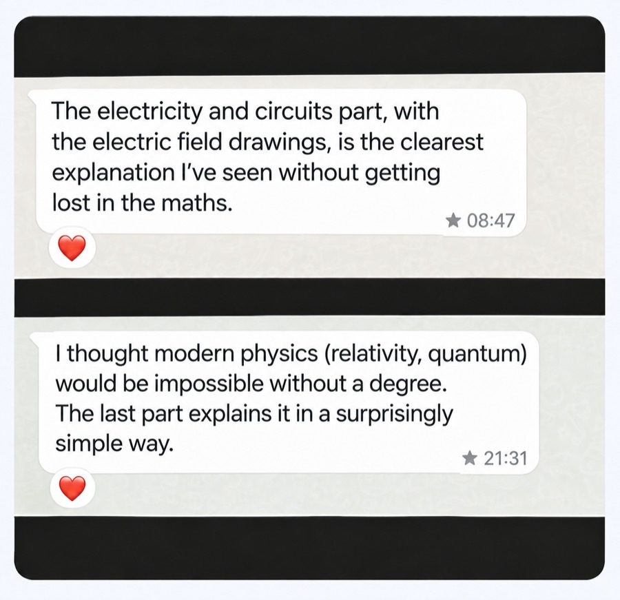 Screenshot of a real WhatsApp message from a student praising the electricity and circuits chapter and saying the modern physics part is surprisingly simple