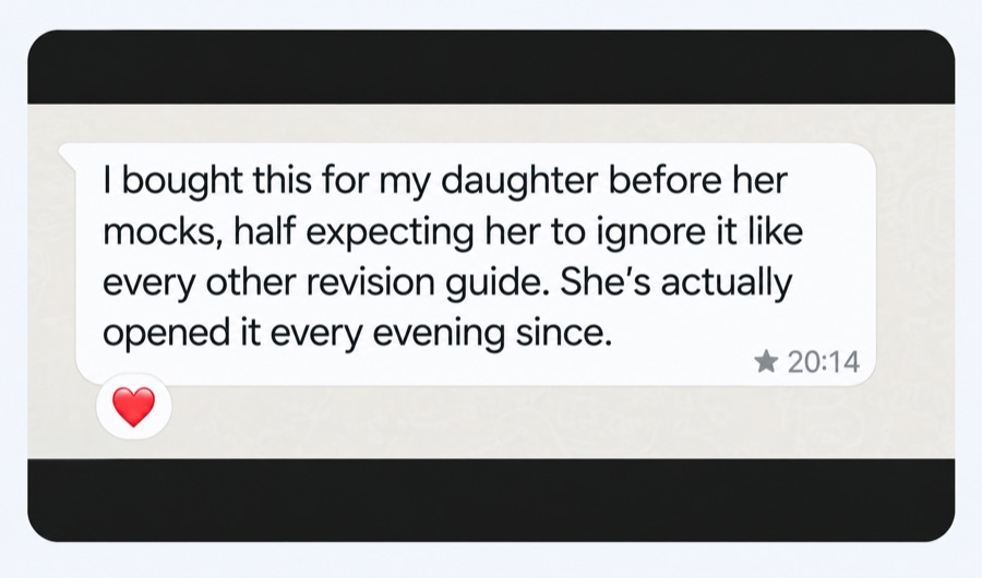 Screenshot of a real WhatsApp message from a parent who bought the guide before their daughter's mocks and says she has opened it every evening since