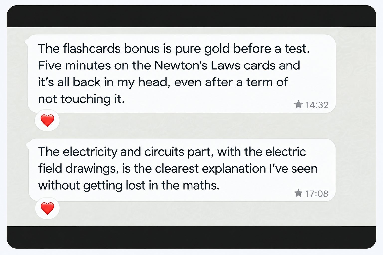 Screenshot of real messages from students praising the flashcards bonus for revision and the electricity and circuits chapter